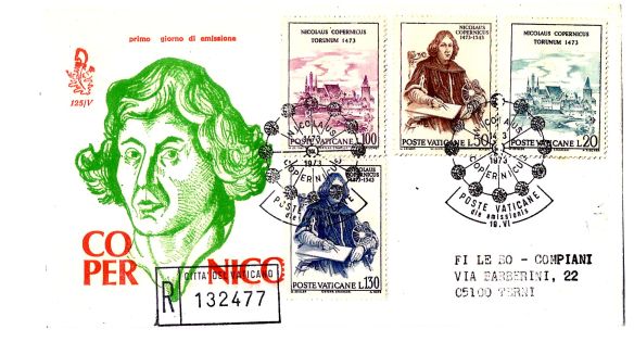 Città del vaticano: " Copernico ", serie completa di francobolli su busta Primo Giorno di emissione per il 400° anniversario della nascita 