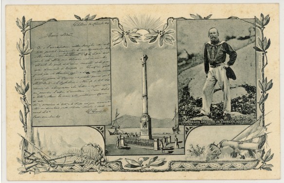 Cartolina ufficiale del Comitato Onoranze per il Primo Centenario della nascita di G.Garibaldi; Maddalena-Caprera 4 Luglio 1905. 