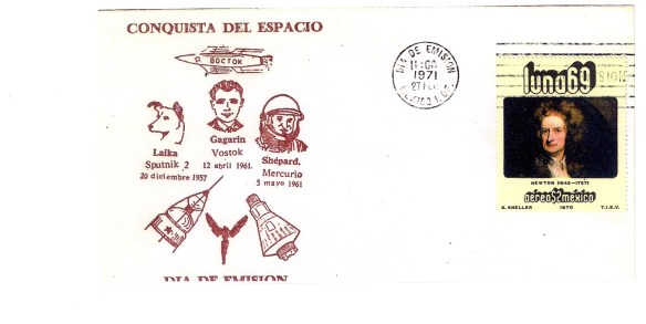 Newton: emissione delle Poste messicane ( 1970 ) sullaa spintaa data da Newton alla fisica ed alle conquiste spaziali.