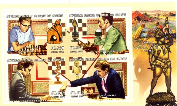 Rep. fed. Islamica delle Comore, 1999 - nel foglietto sono ricordati Bent Larsen, Bobby Fischer, Boris Spassky e Raoul Capablanca