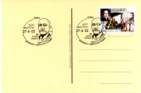 Annullo postale commemorativo di Edoardo Barberini realizzato dal nostro Circolo in occasione della Mostra - convegno " Garibaldi e i Garibaldini ternani " del 2002